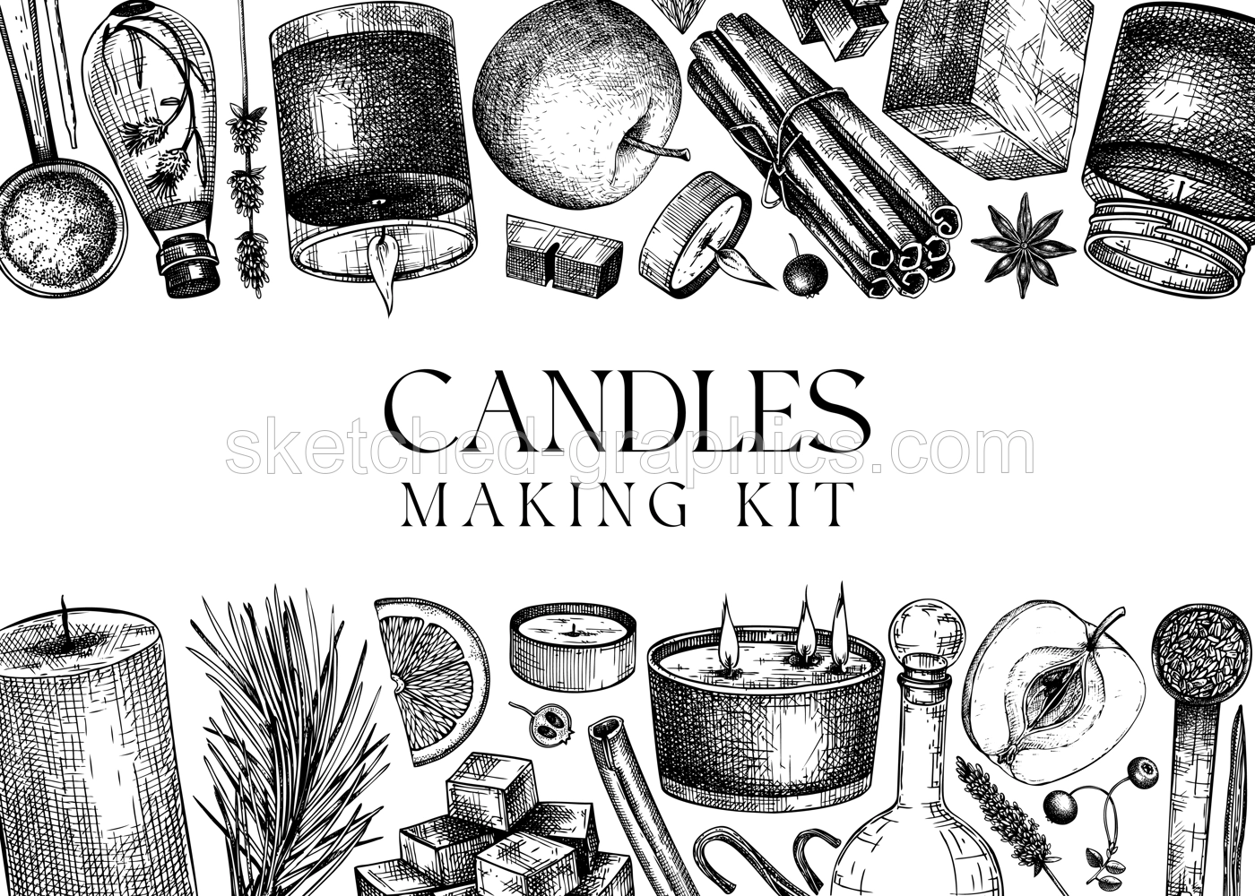 Hand-sketched aromatic candle ingredients banner. Vector design with candles, wax, fragrance, color, herbs, and skewers. Frame template for aromatherapy, hobby, handcrafts, candle making. Illustration